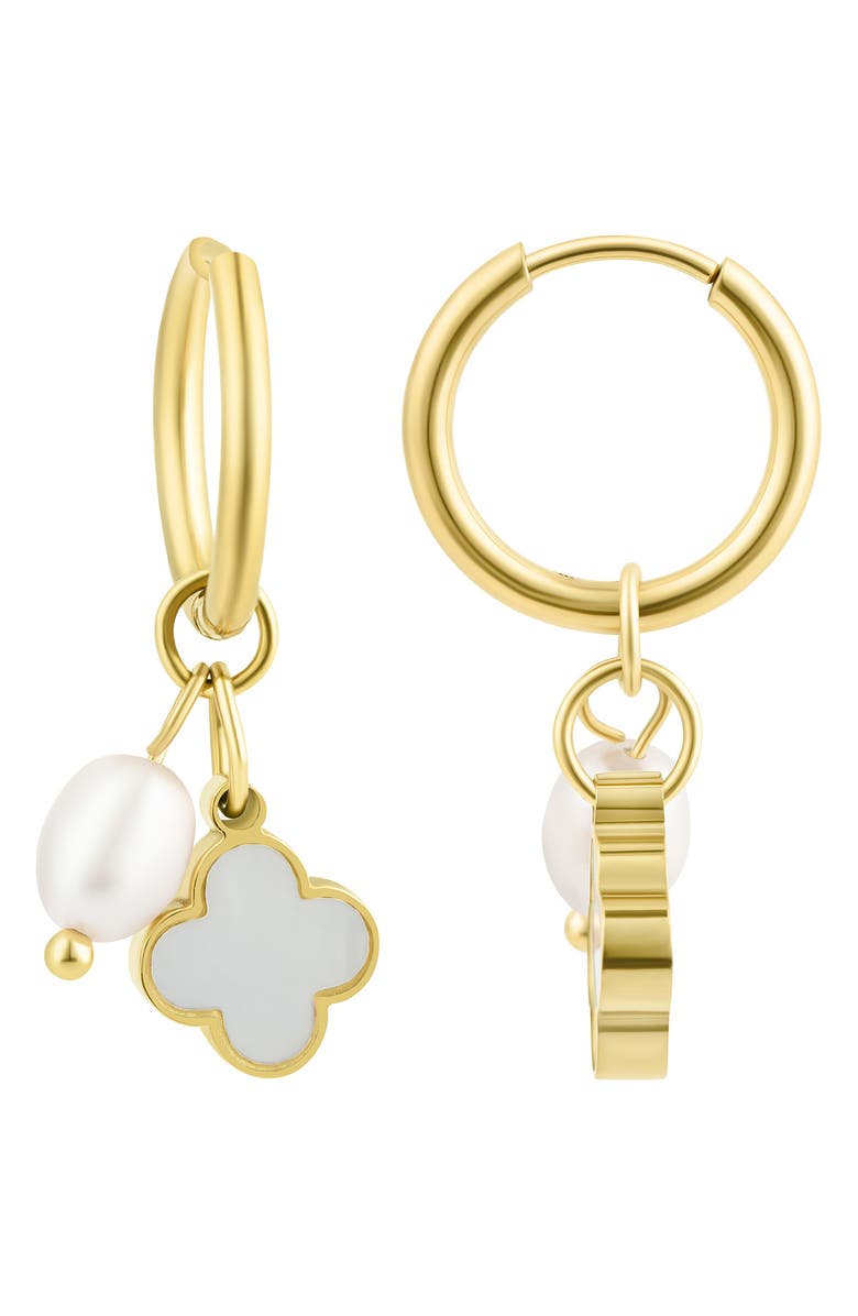 Adornia Freshwater Pearl & Clover Hoop Earrings, Main, color, White