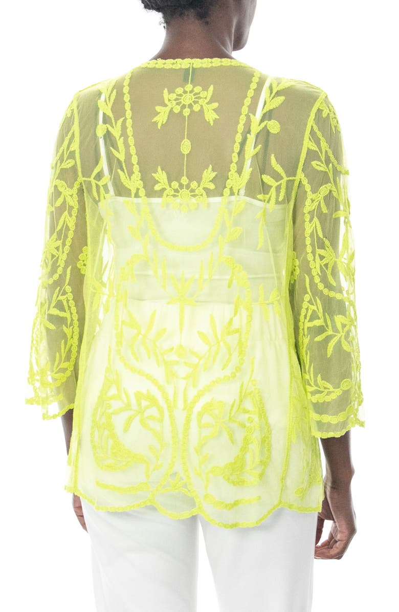 Nina Leonard Embroidered Mesh Open Front Shirt, Alternate, color, Bright Moss