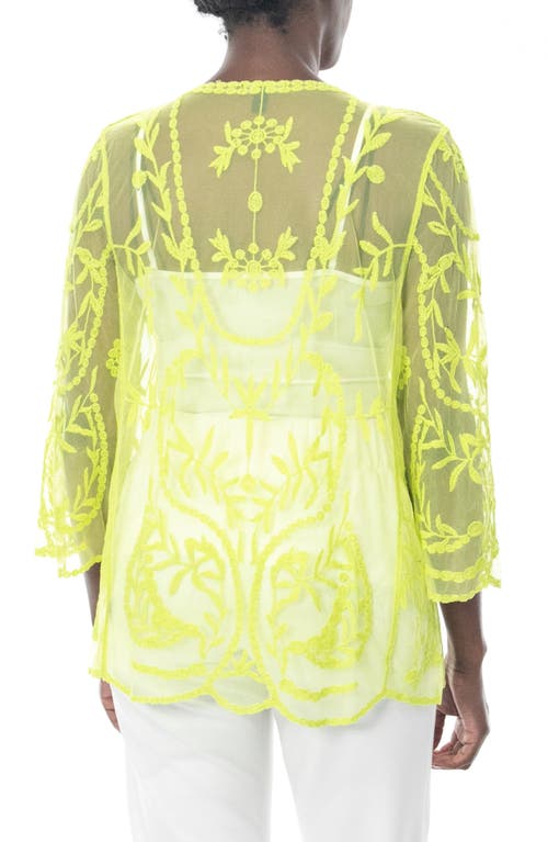 Nina Leonard Embroidered Mesh Open Front Shirt In Bright Moss