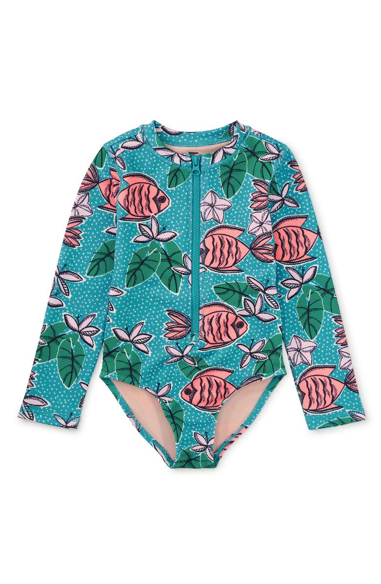 Tea Collection Long Sleeve One-Piece Swimsuit, Main, color, Brazilian Tropical Fish