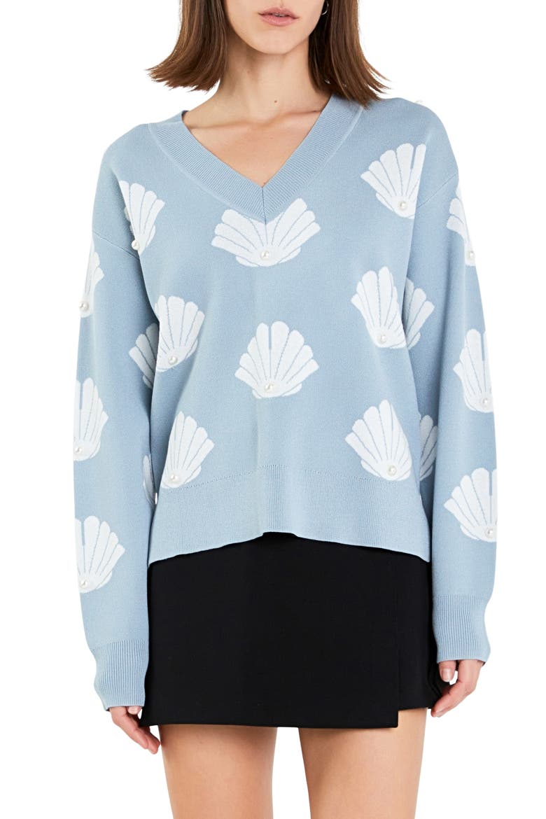 Shell Motif Sweater, Main, color, SKY BLUE/ WHITE