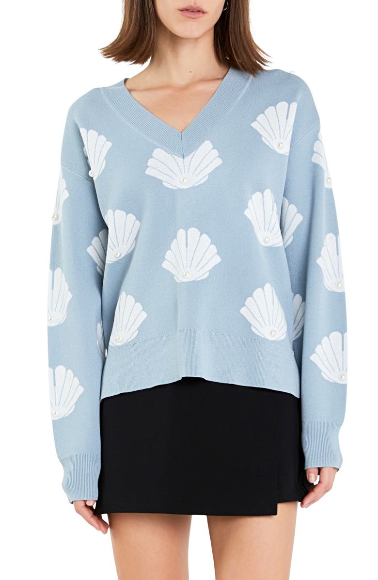 English Factory Shell Motif Sweater, Main, color, Sky Blue/ White