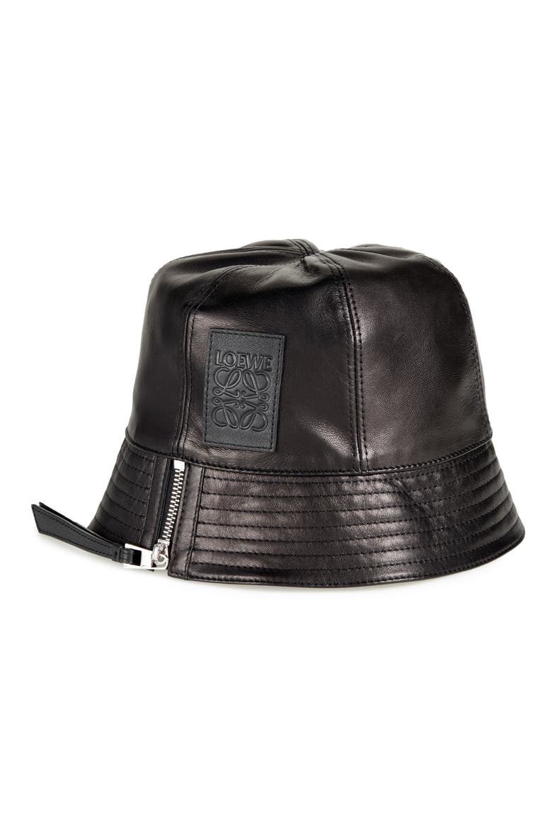 Logo Patch Leather Bucket Hat, Main, color, BLACK