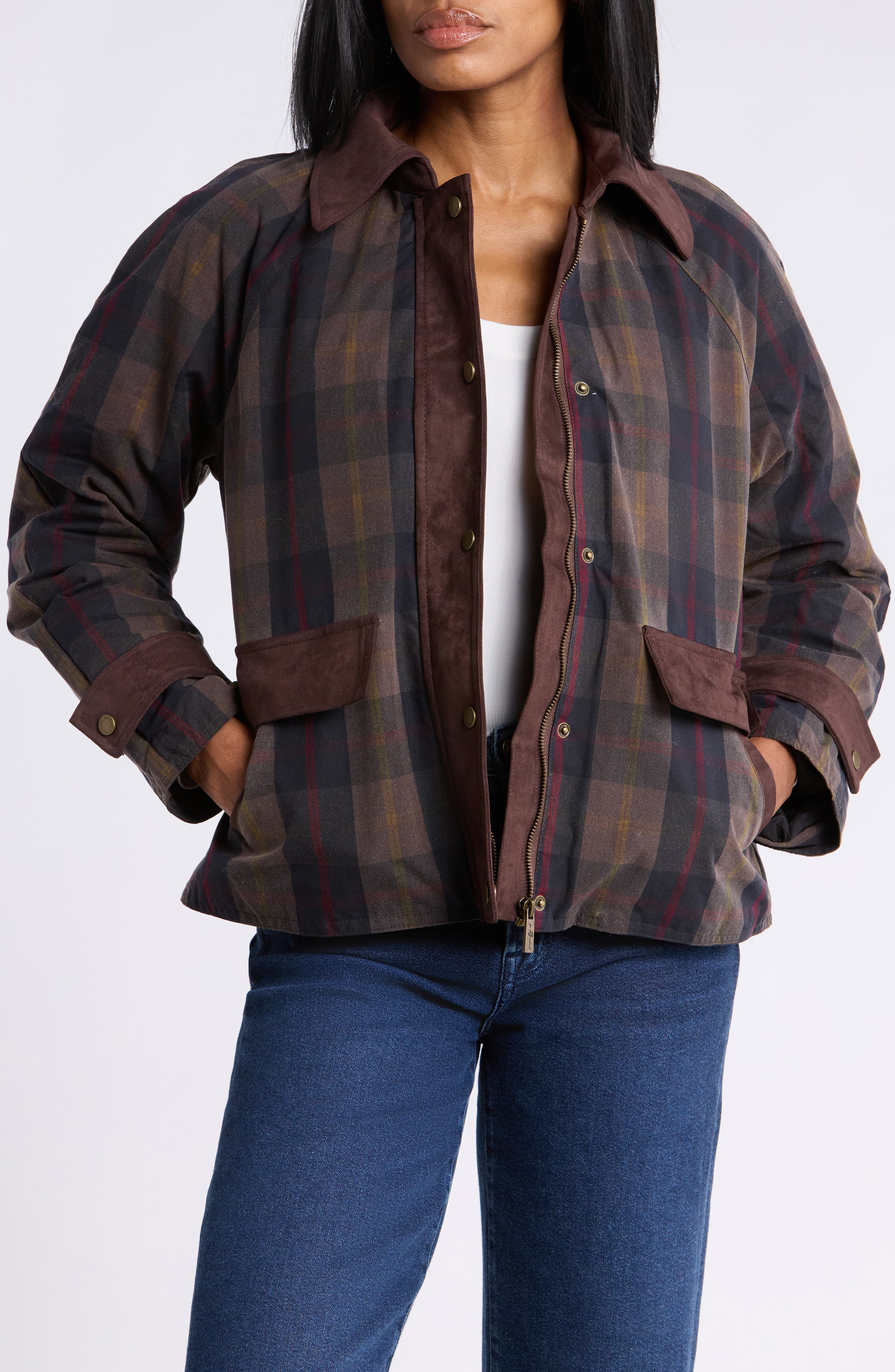 Plaid Quilted Barn Jacket with Faux Suede Trim