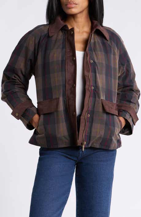 Plaid Quilted Barn Jacket with Faux Suede Trim