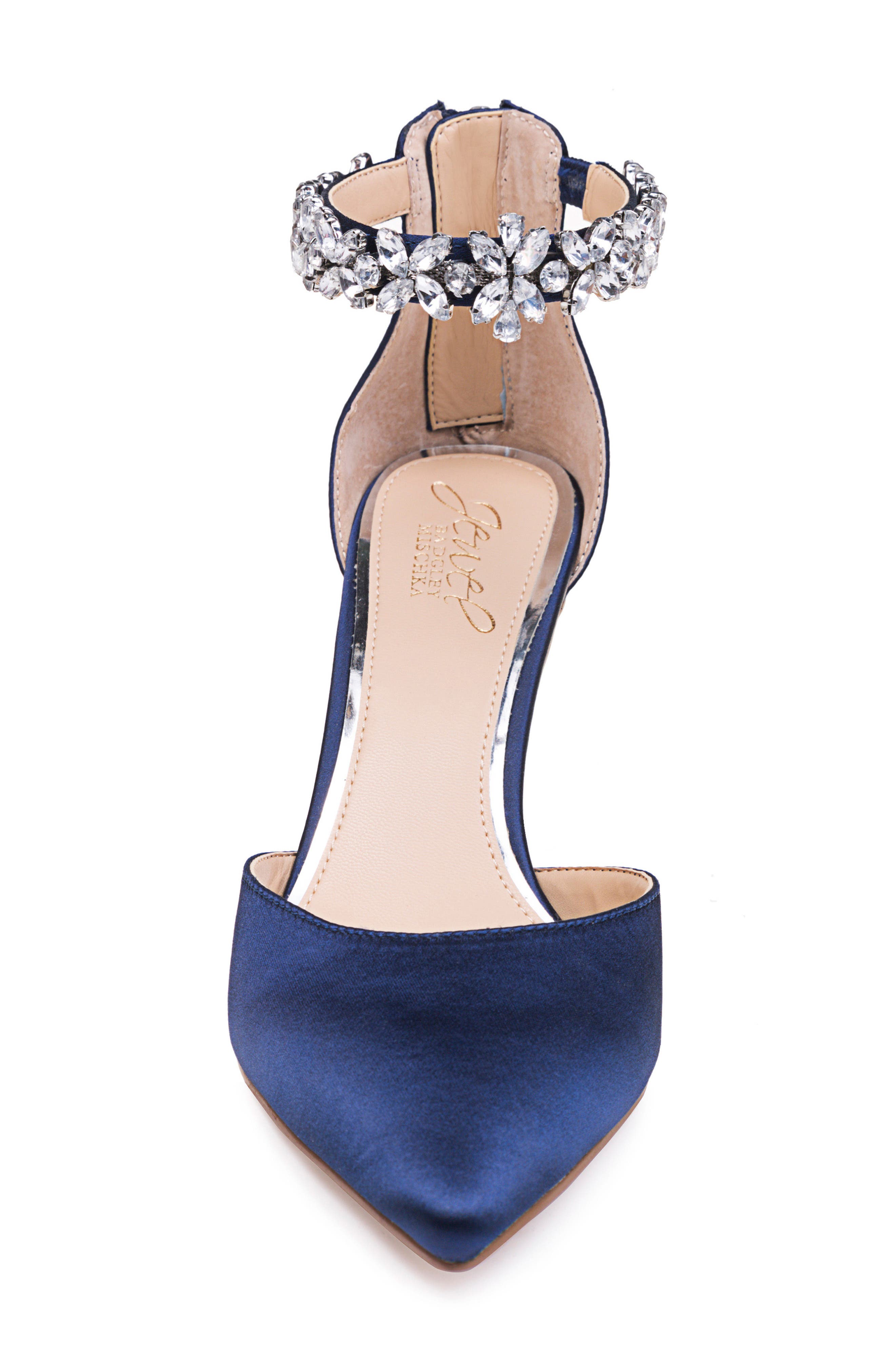 Jewel Badgley Mischka Raleigh Pointed Toe Ankle Strap Pump, Alternate, color, Navy Satin