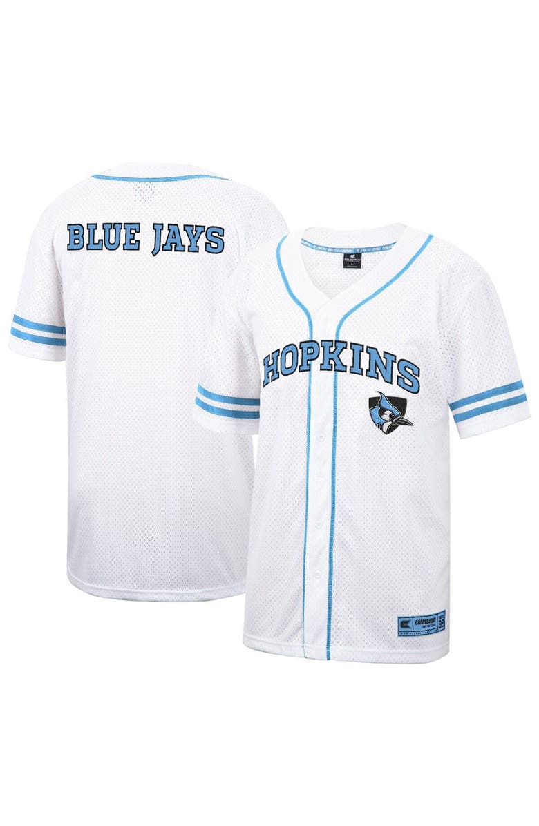 COLOSSEUM Men's Colosseum White Johns Hopkins Blue Jays Free Spirited Mesh Button-Up Baseball Jersey, Main, color,
