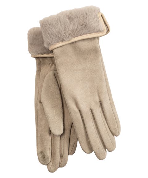 Stretch Suede Fold-Up Faux Fur Cuff Gloves