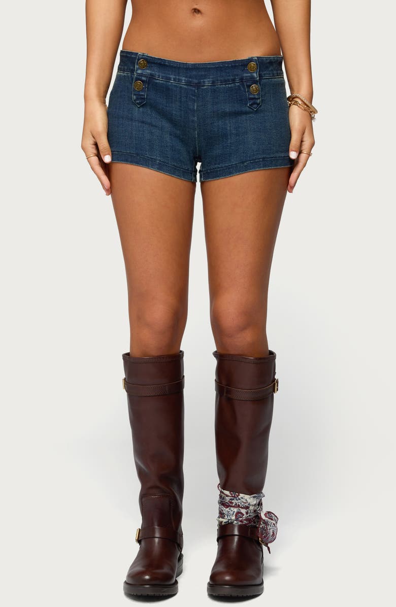 EDIKTED Sashe Low Rise Fitted Denim Shorts, Main, color, 