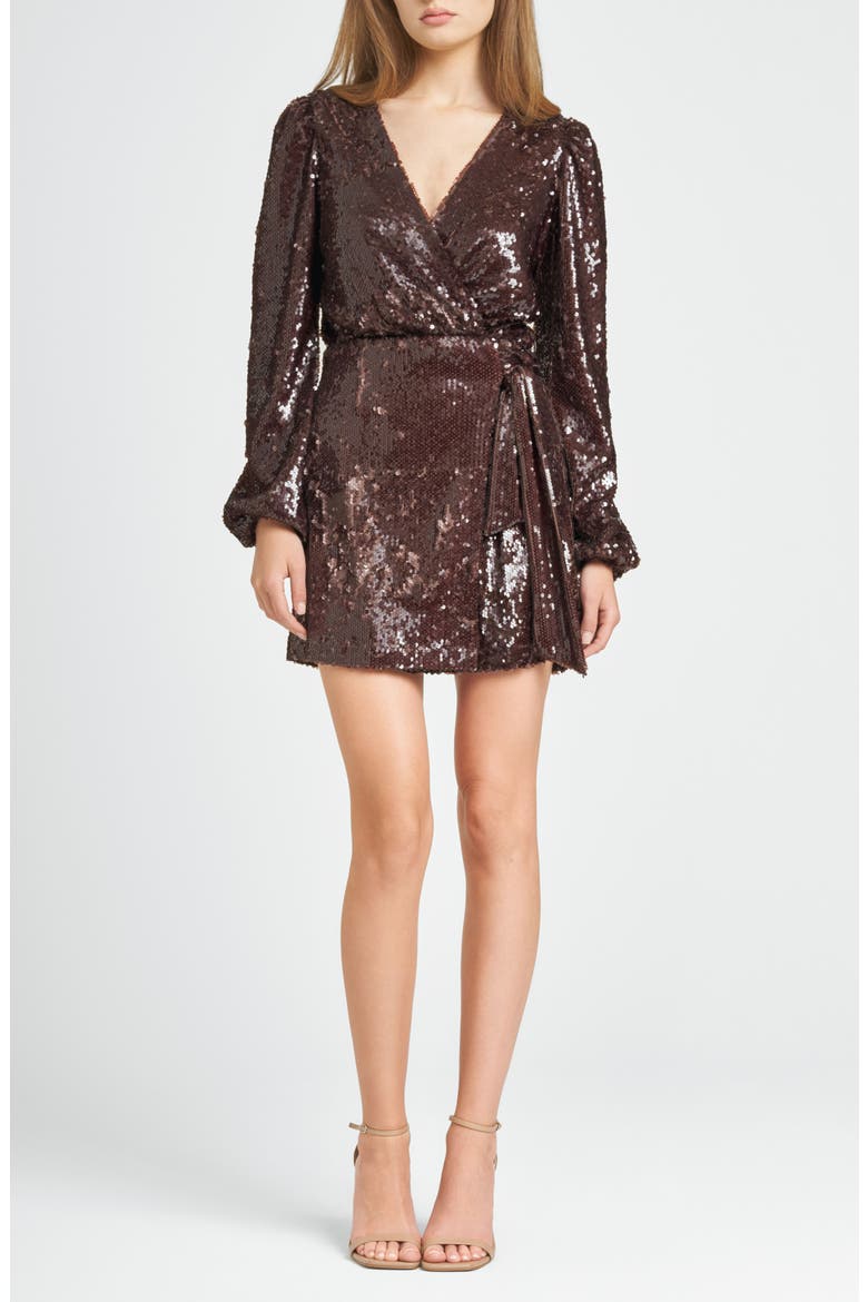 Flash Sequin Long Sleeve Faux Wrap Minidress, Main, color, DK CHOCOLATE
