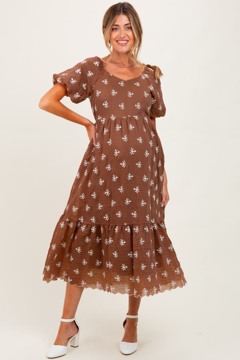Floral Embroidered Tiered Midi Dress, Main, color, Brown