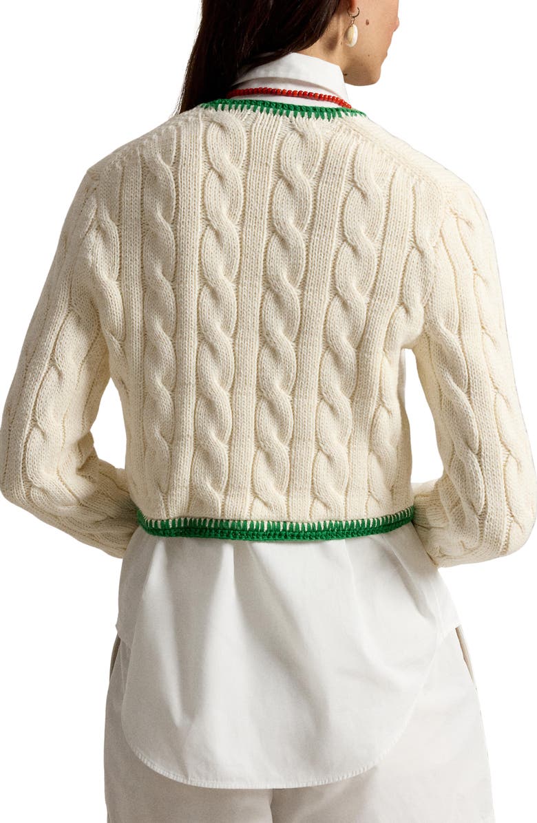 Polo Ralph Lauren Whipstitch Trim Cable Stitch Cardigan, Alternate, color, Cricket Cream