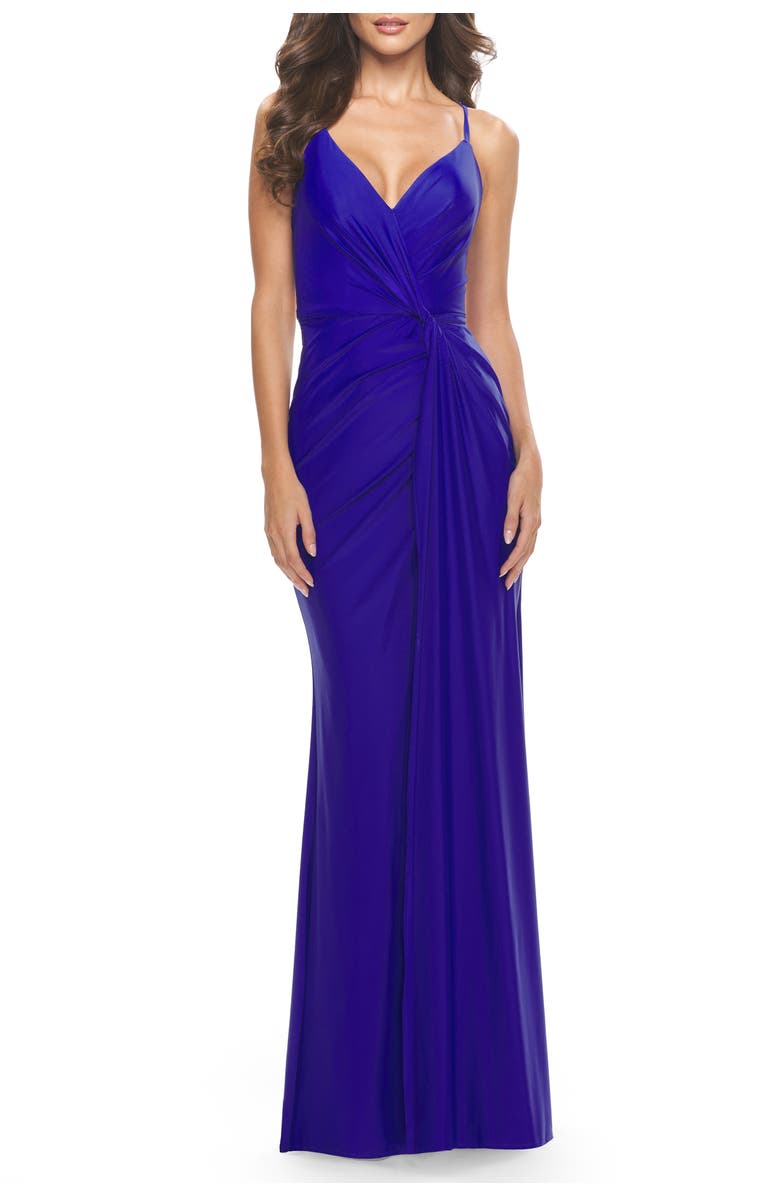 La Femme Soft Jersey Dress with Knot Waist and Lace Up Back, Alternate, color, Royal Blue