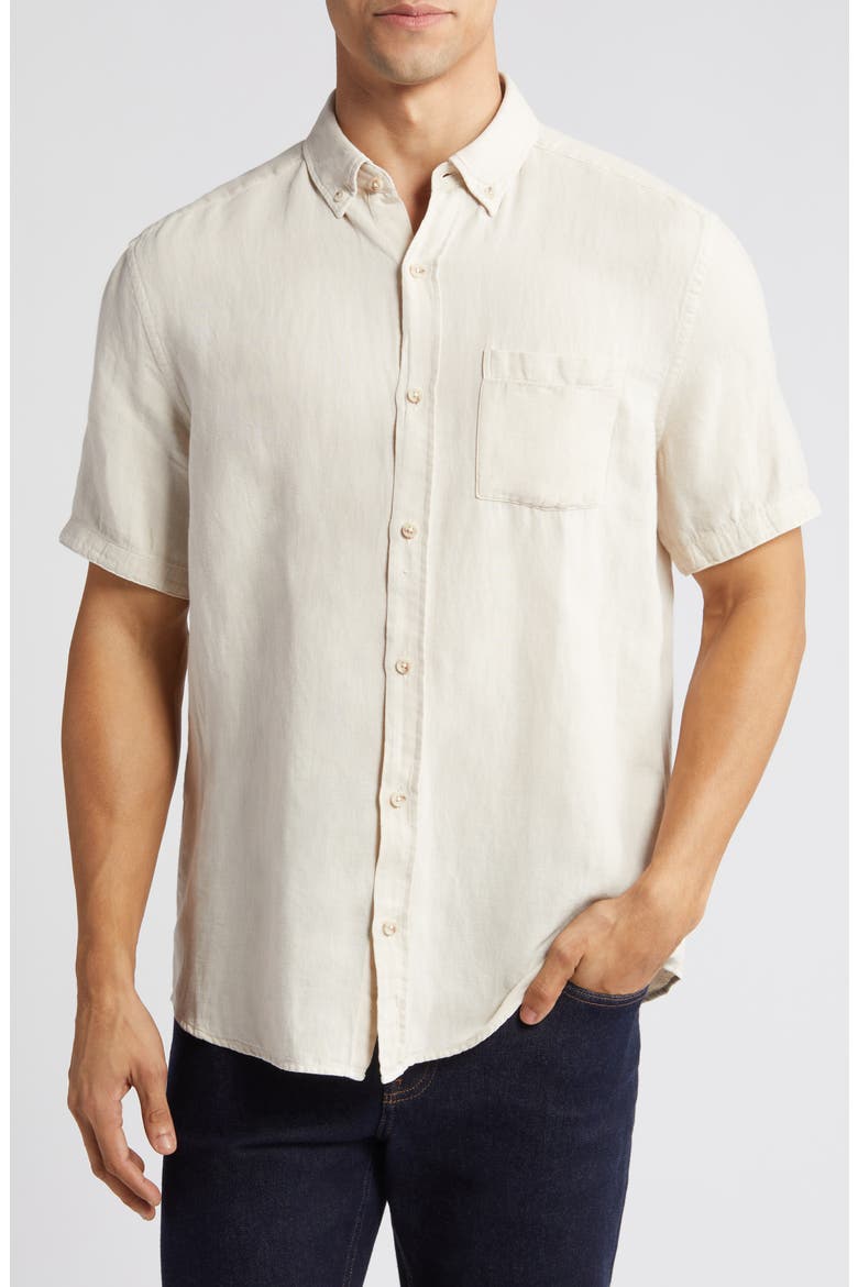 Antique Dyed Linen Blend Short Sleeve Button-Down Shirt, Main, color, LIGHT GRAY