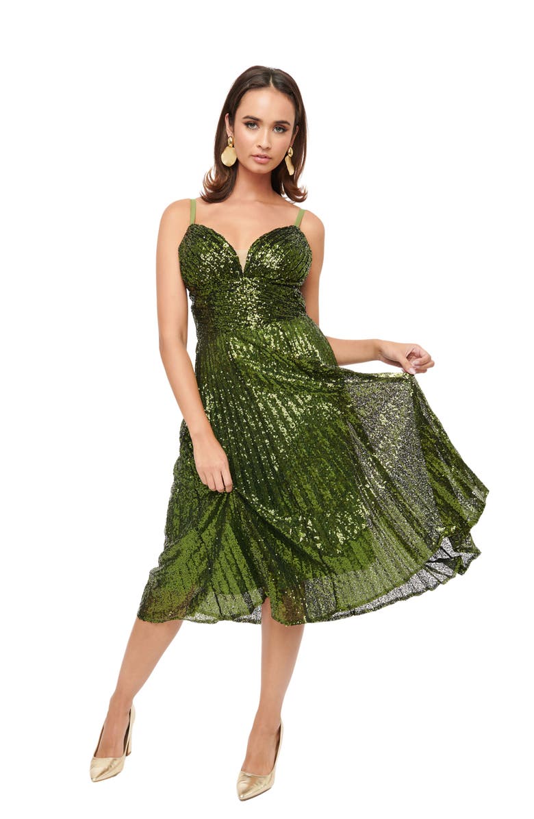 Unique Vintage Spaghetti Strap Pleated Sequin Swing Dress, Main, color, Emerald