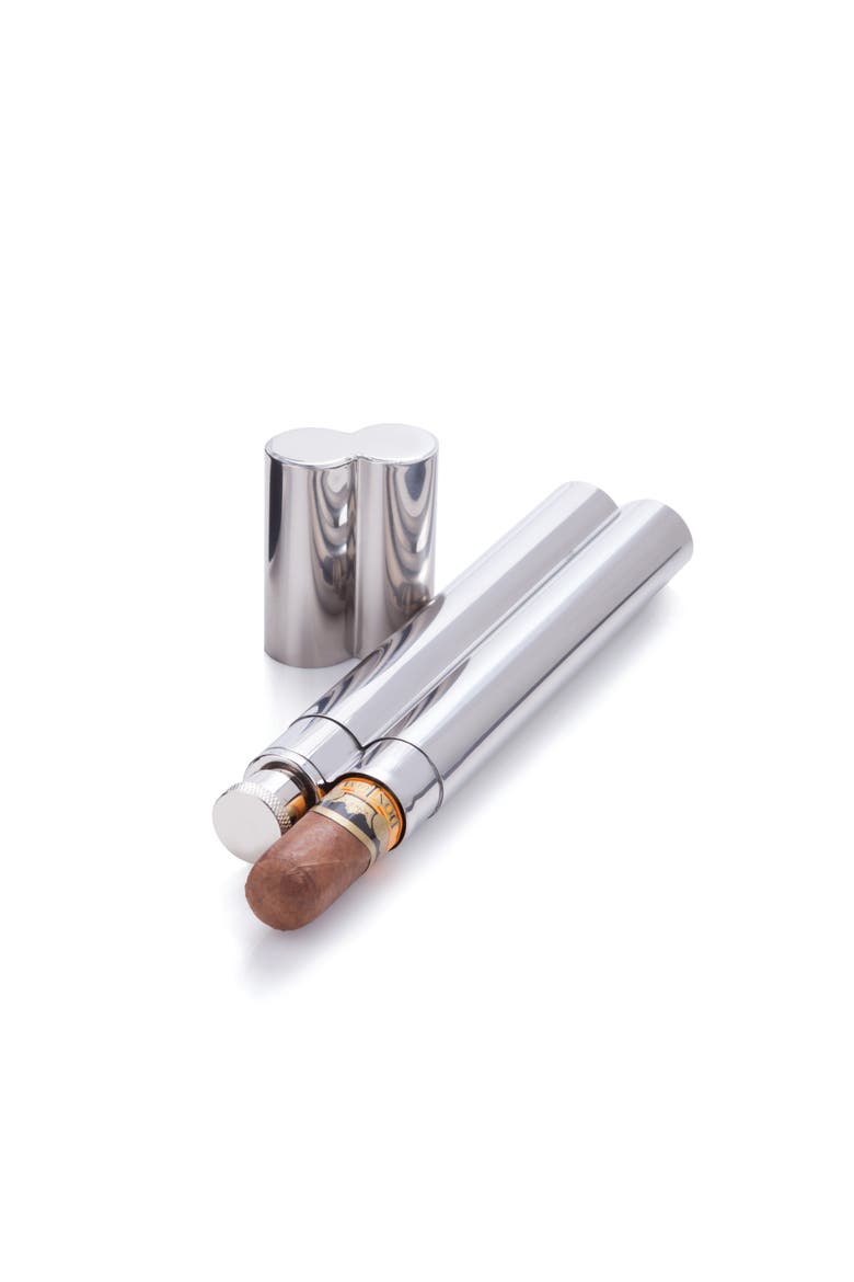 Cigar Holder and Flask in Stainless Steel, Alternate, color, Silver