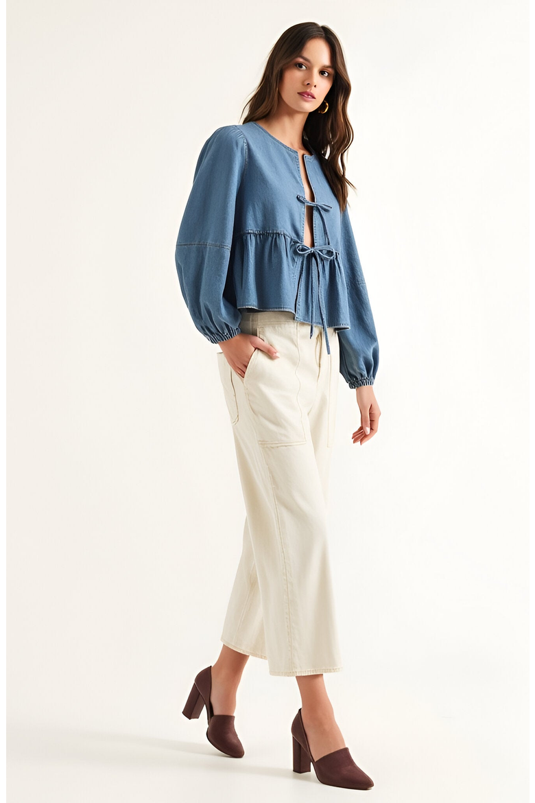 Long Puff-Sleeve Tie-Front Peplum Denim Blouse, Alternate, color, Denim Blue