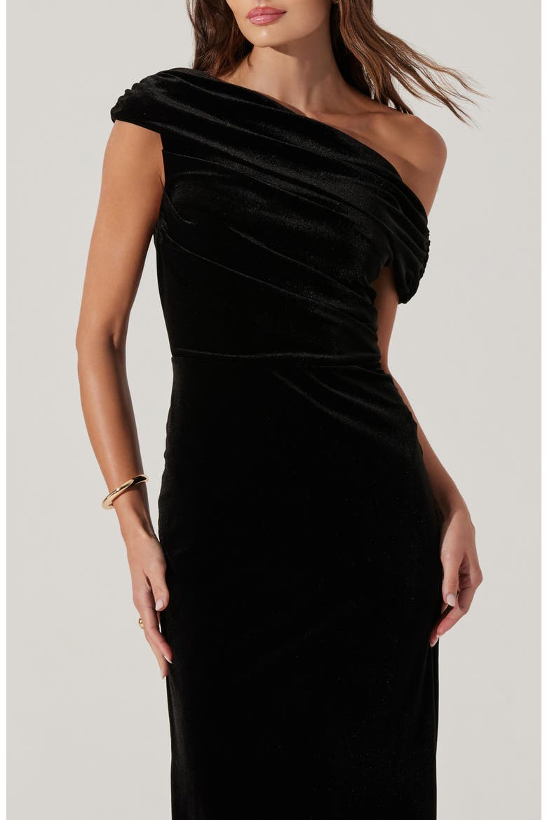 One-Shoulder Velvet Midi Dress, Alternate, color, BLACK