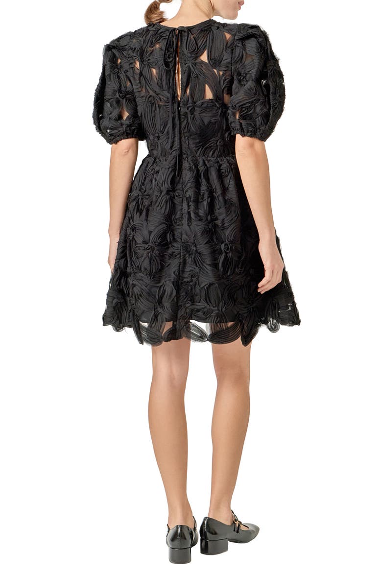 Flower Detail Puff Sleeve Dress, Alternate, color, BLACK