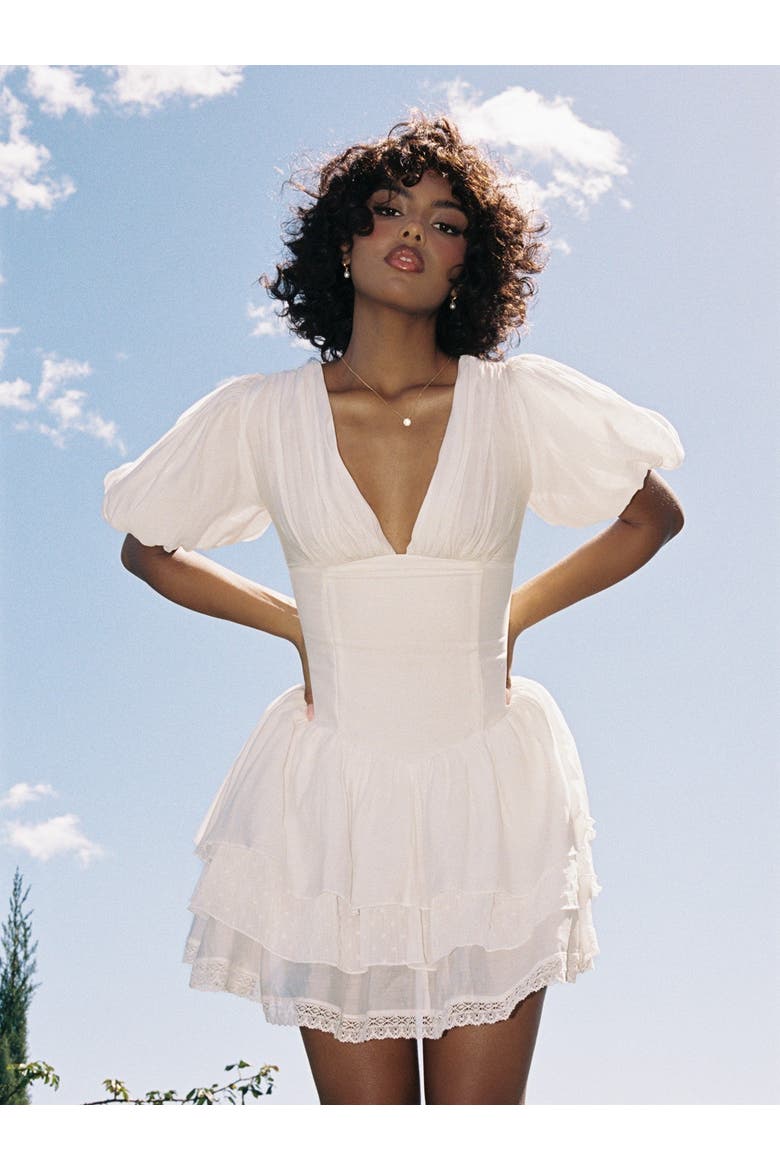 Caitlyn Bubble Sleeve Layered Mini Corset Dress, Main, color, White
