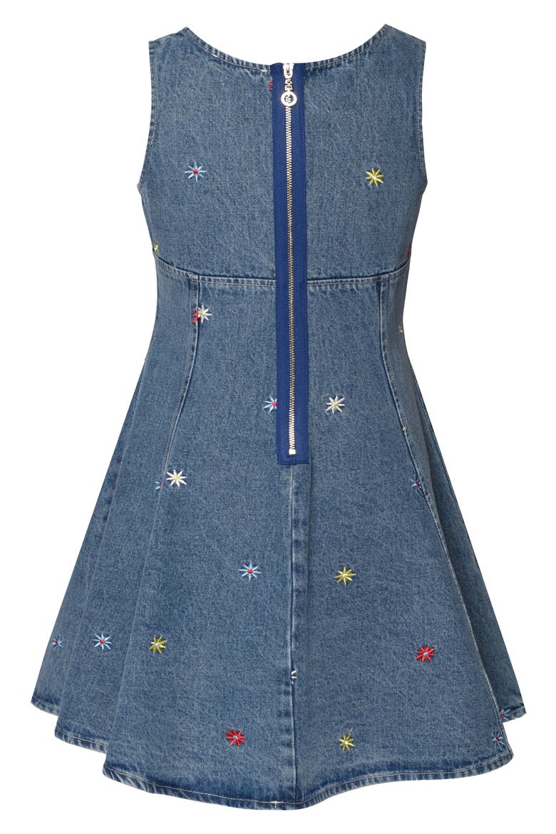 Kids' Floral Embroidered Fit & Flare Cotton Denim Dress, Alternate, color, DENIM BLUE