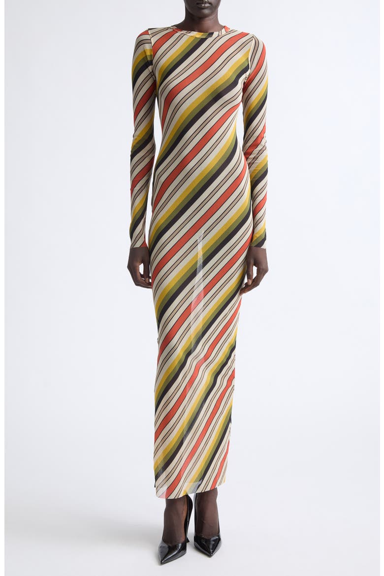 Retro Stripe Long Sleeve Mesh Body-Con Dress, Main, color, BEIGE MULTICOLOR