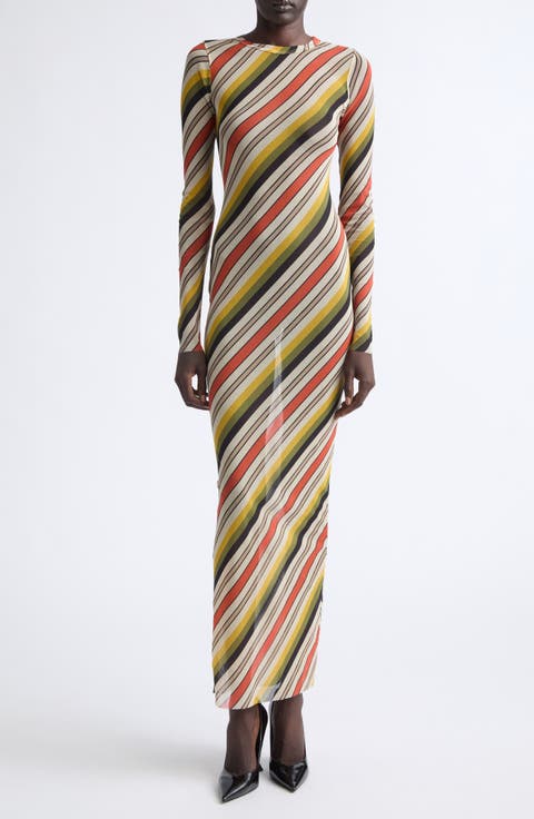 Retro Stripe Long Sleeve Mesh Body-Con Dress