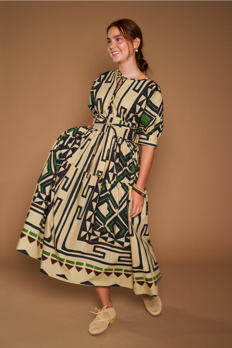 Printed Long Cotton Dress With Belt, Alternate, color, Sand / Black