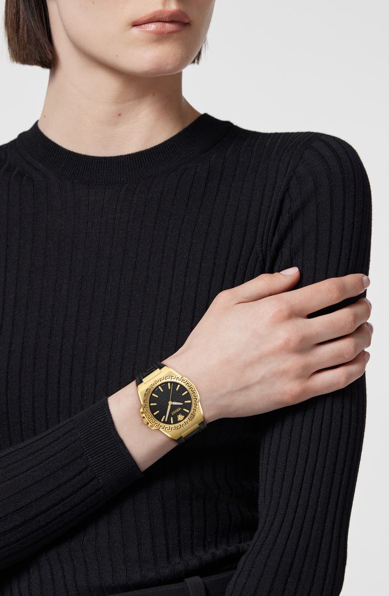 Versace Greca Reaction Recycled PU Strap Watch, 38mm, Alternate, color, Ip Yellow Gold