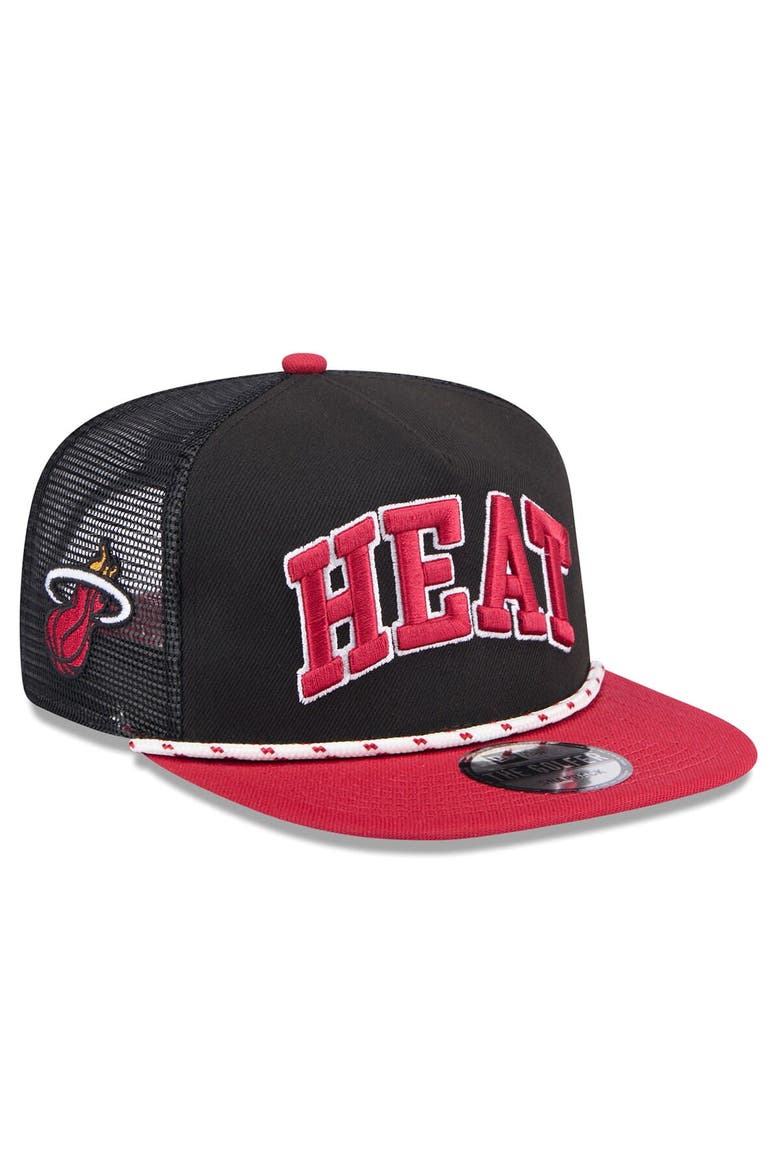 Men's New Era Black/Red Miami Heat Throwback Team Arch Golfer Snapback Hat, Main, color, Black