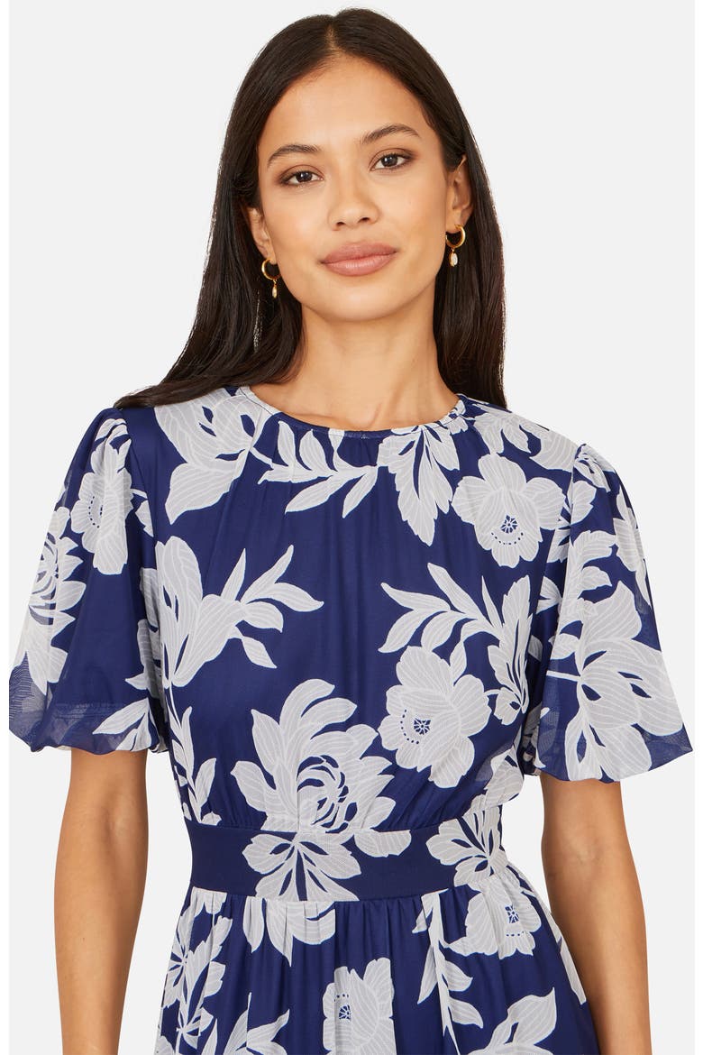 Flower Stretch Mesh Midi Dress, Alternate, color, Navy