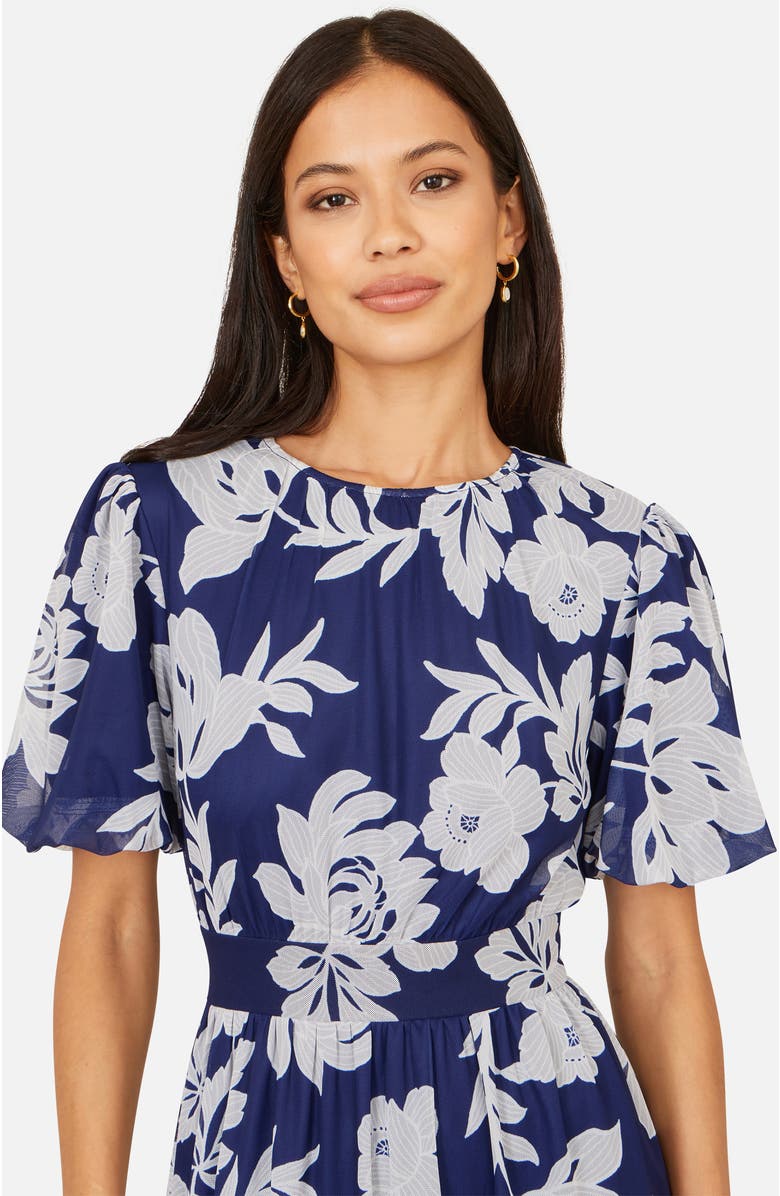 Yumi Flower Stretch Mesh Midi Dress, Alternate, color, Navy