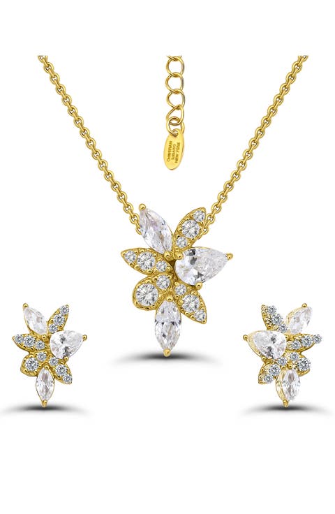 Cubic Zirconia Cluster Pendant Necklace & Stud Earrings Set