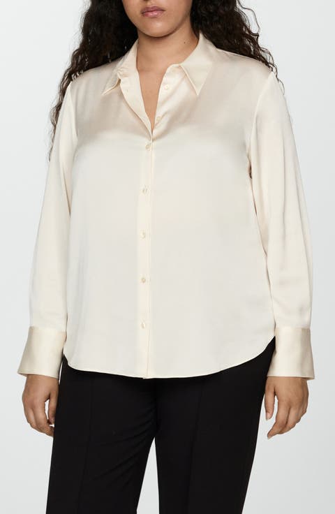 Flowy Satin Button-Up Shirt (Regular & Plus)