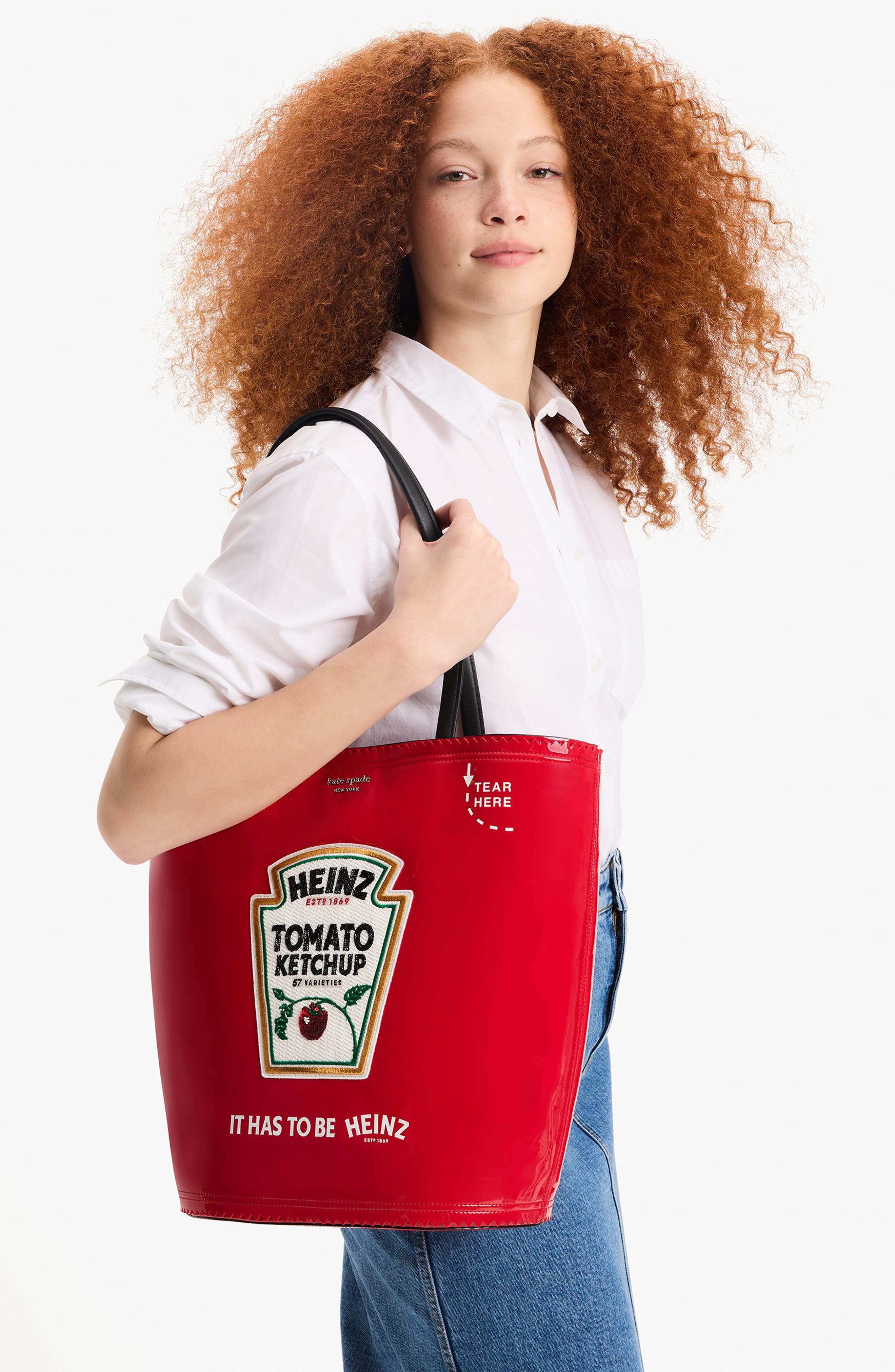 Kate Spade New York x heinz ketchup packet embroidered label tote bag, Alternate, color, 
