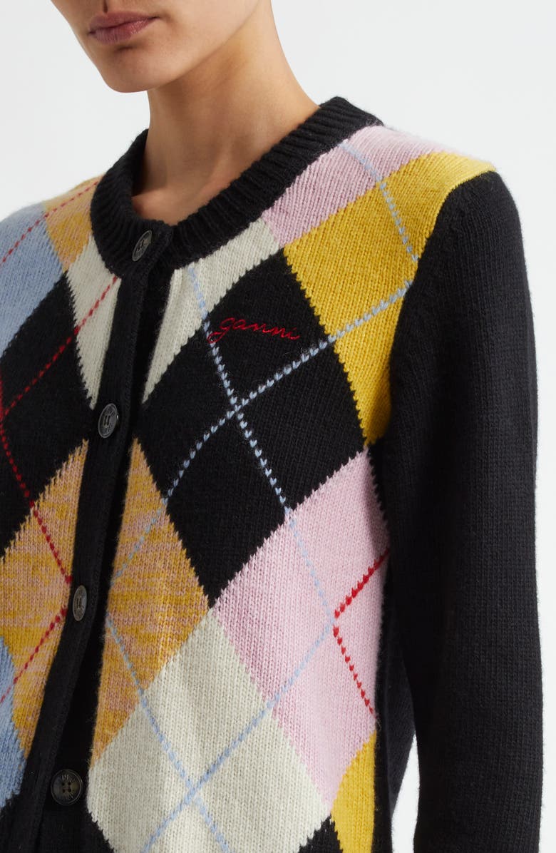 Ganni Harlequin Wool Blend Argyle Cardigan, Alternate, color, 