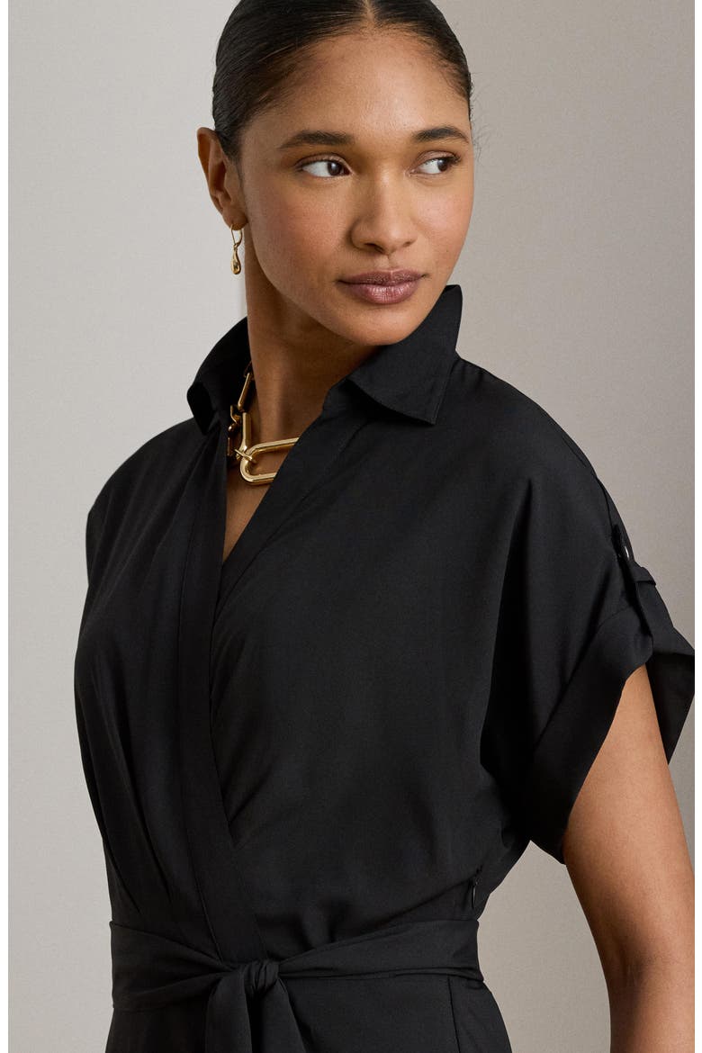 Belted Crêpe Dress, Alternate, color, BLACK