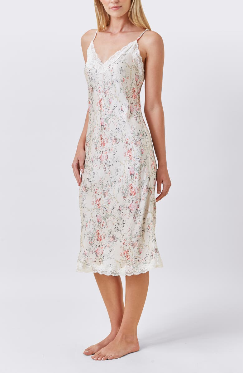 Papinelle Yolly Floral Satin Slip NIghtgown, Alternate, color, Ecru