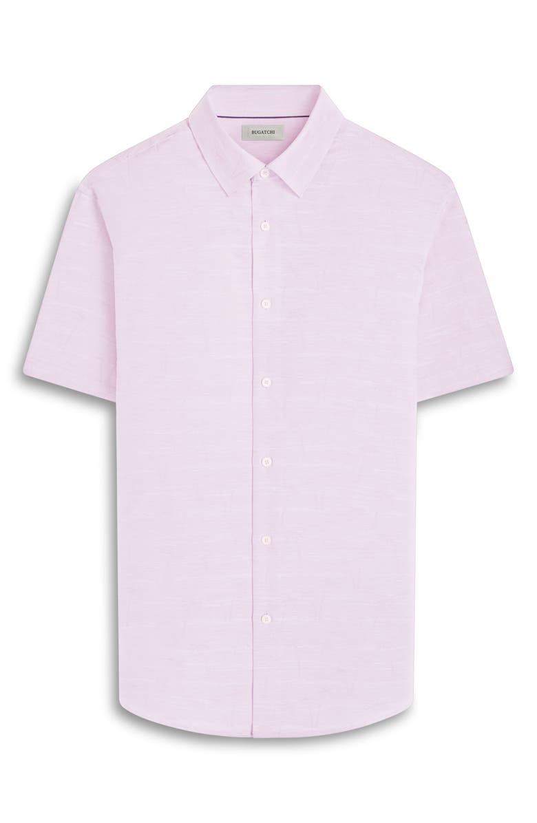 Bugatchi Orson Palm Tree Pattern Solid Short Sleeve Cotton & Linen Button-Up Shirt, Alternate, color, Dusty Pink