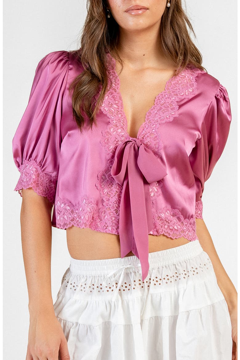 Lace Trim Satin Tie Front Top, Main, color, MAUVE