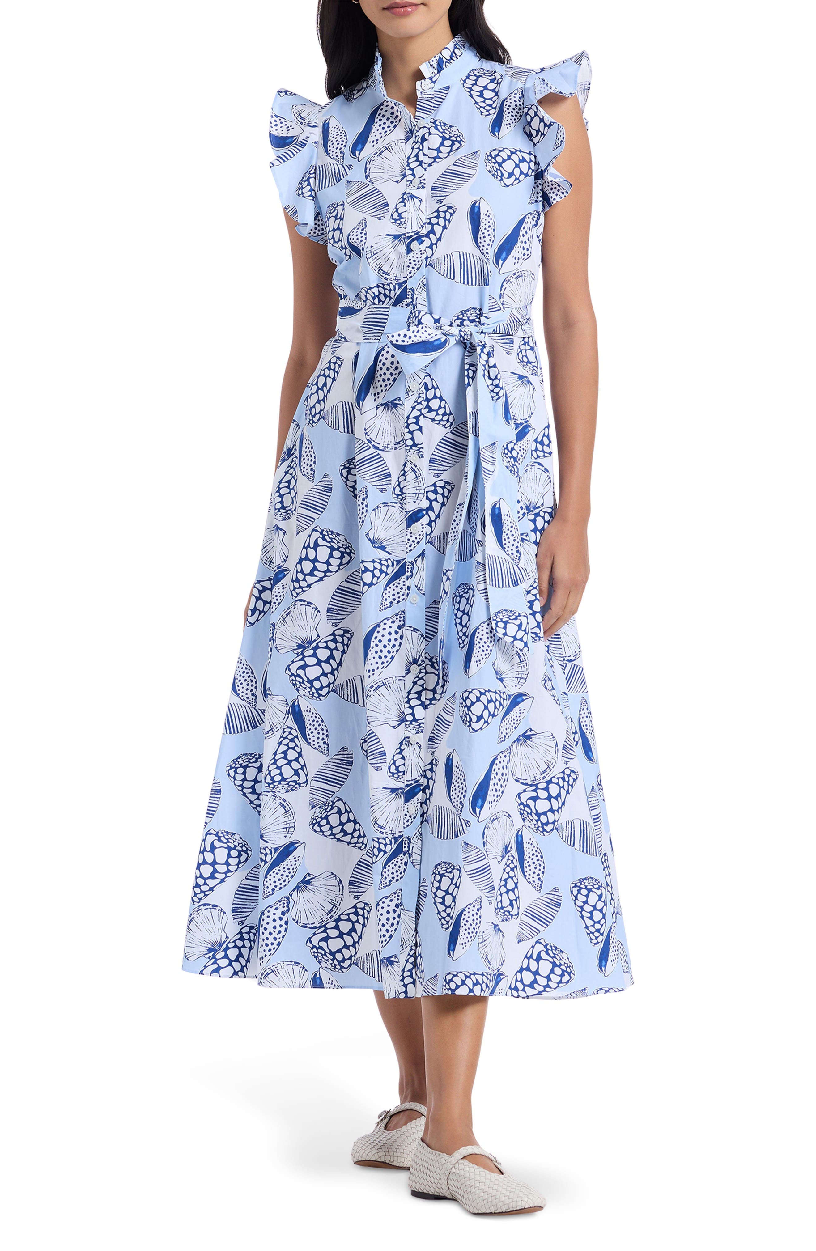 Robert Graham Sadie Shell Print Cap Sleeve Cotton Shirtdress