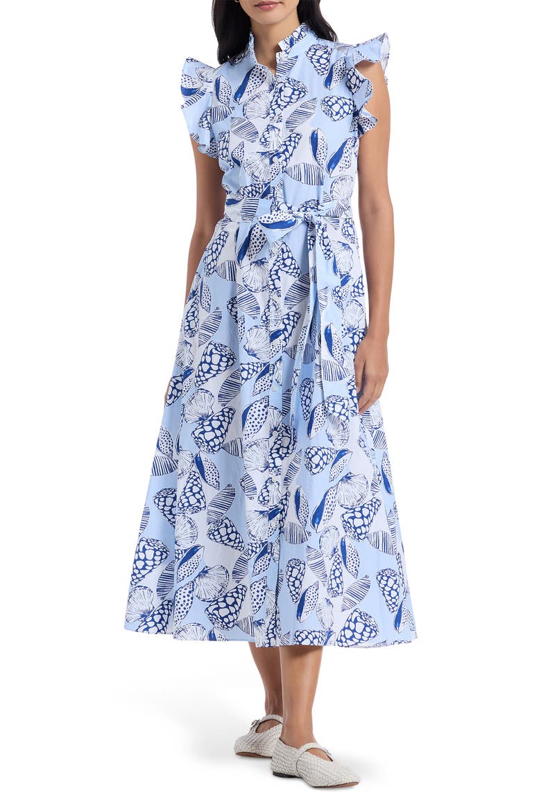 Sadie Shell Print Cap Sleeve Cotton Shirtdress, Main, color, BLUE