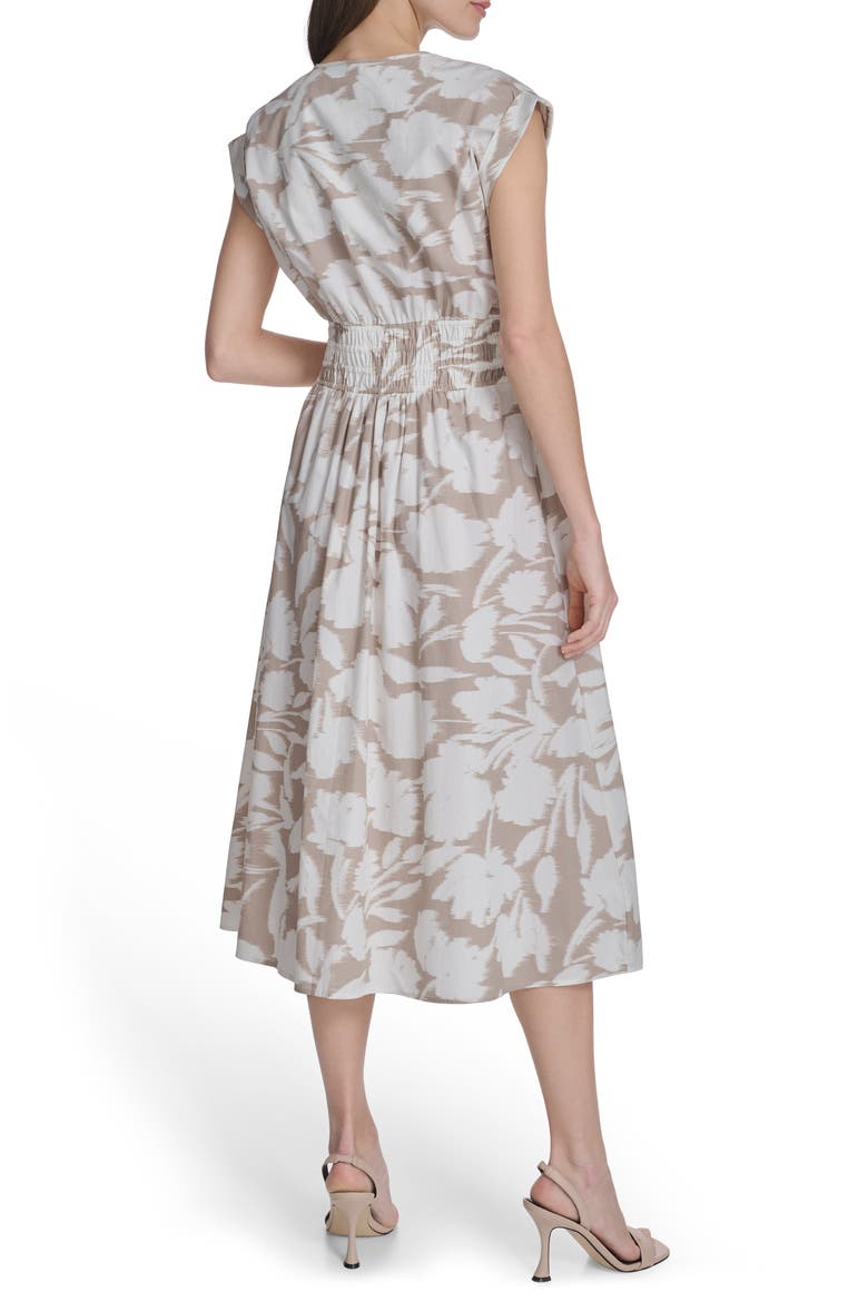Smocked Fit and Flare Midi Dress, Alternate, color, KHAKI/ CREAM