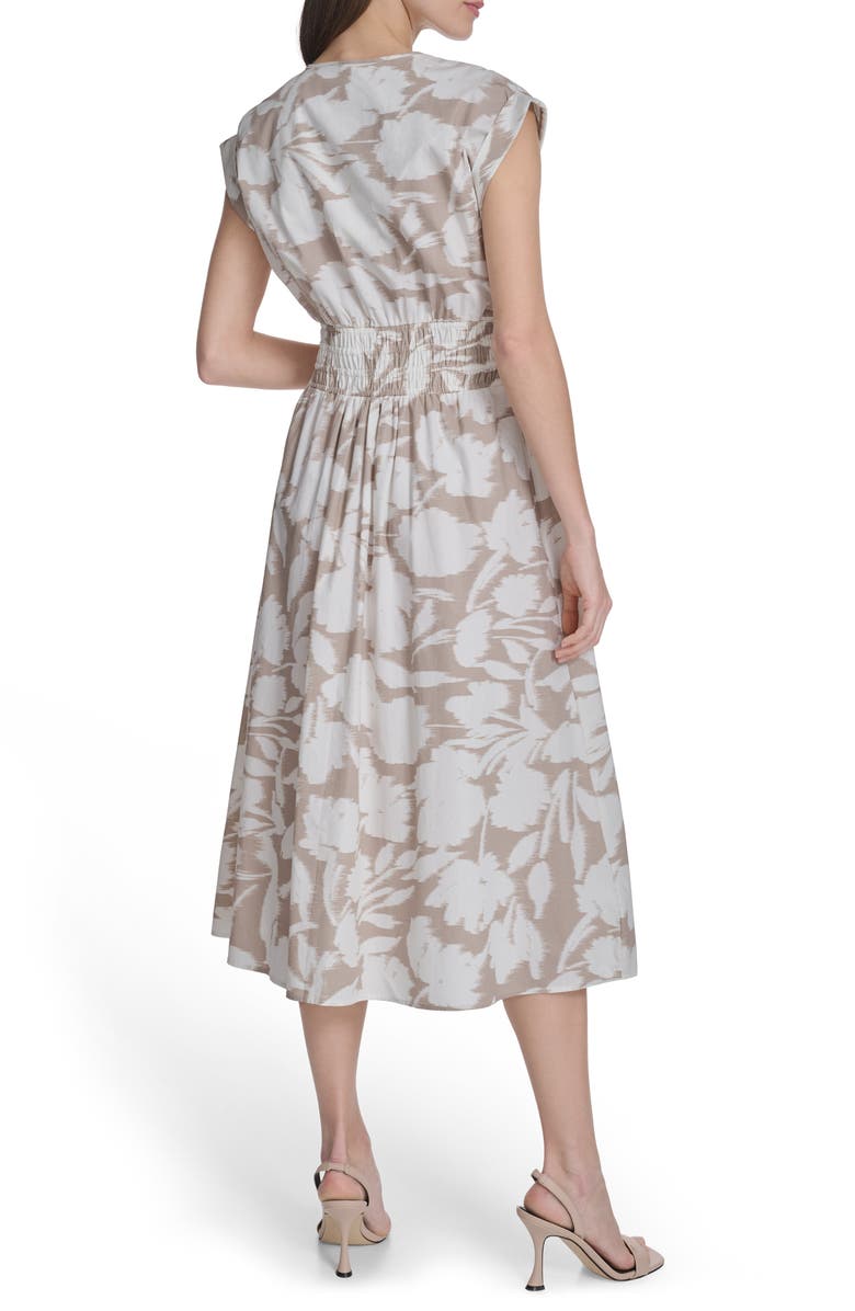 Calvin Klein Smocked Fit and Flare Midi Dress, Alternate, color, Khaki/ Cream