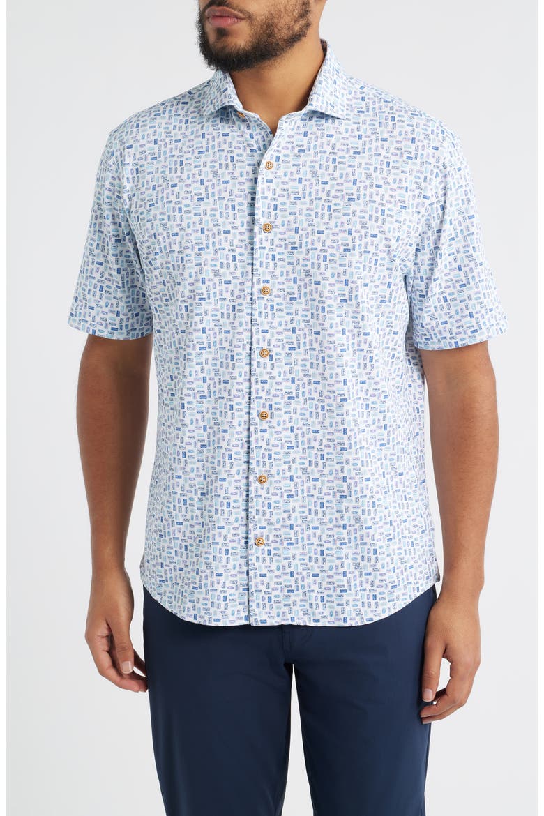 Roadtrip Hangin' Out License Plate Print Short Sleeve Button-Up Shirt, Main, color, WHITE