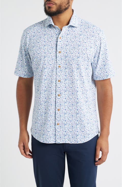 Roadtrip Hangin' Out License Plate Print Short Sleeve Button-Up Shirt