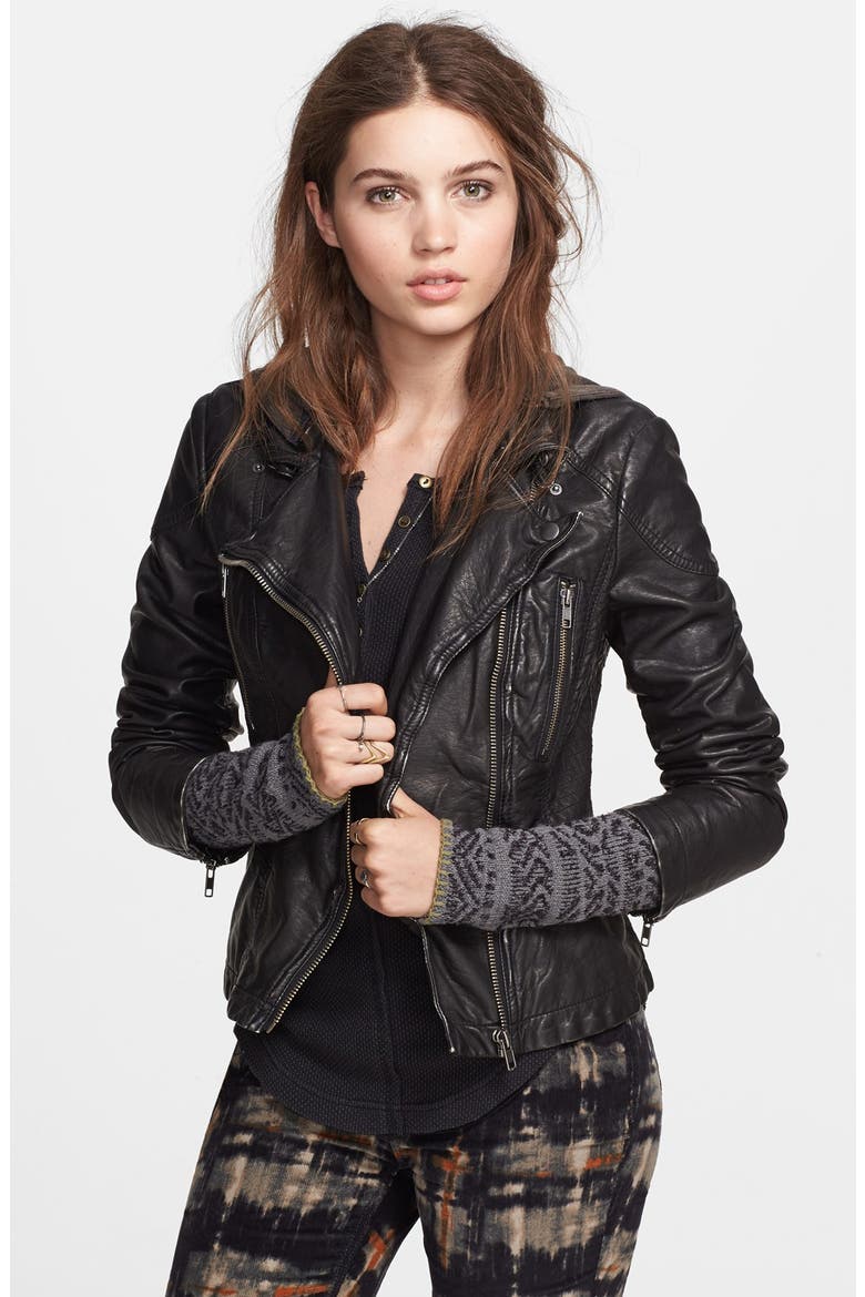 Hooded Faux Leather Moto Jacket, Main, color, BLACK