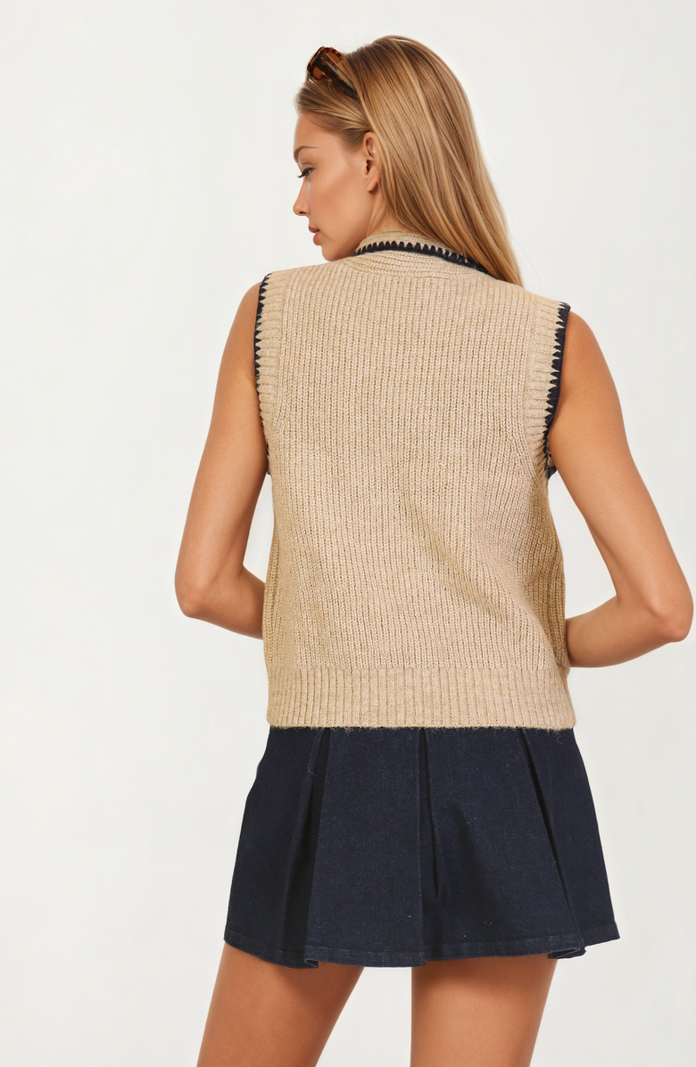 Knit and Lounge Sleeveless Contrast Trim Knit Vest with Bow Detail, Alternate, color, Beige / Navy Trim