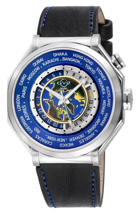 Marchese 3 Time Zones Leather Strap Watch, 44mm