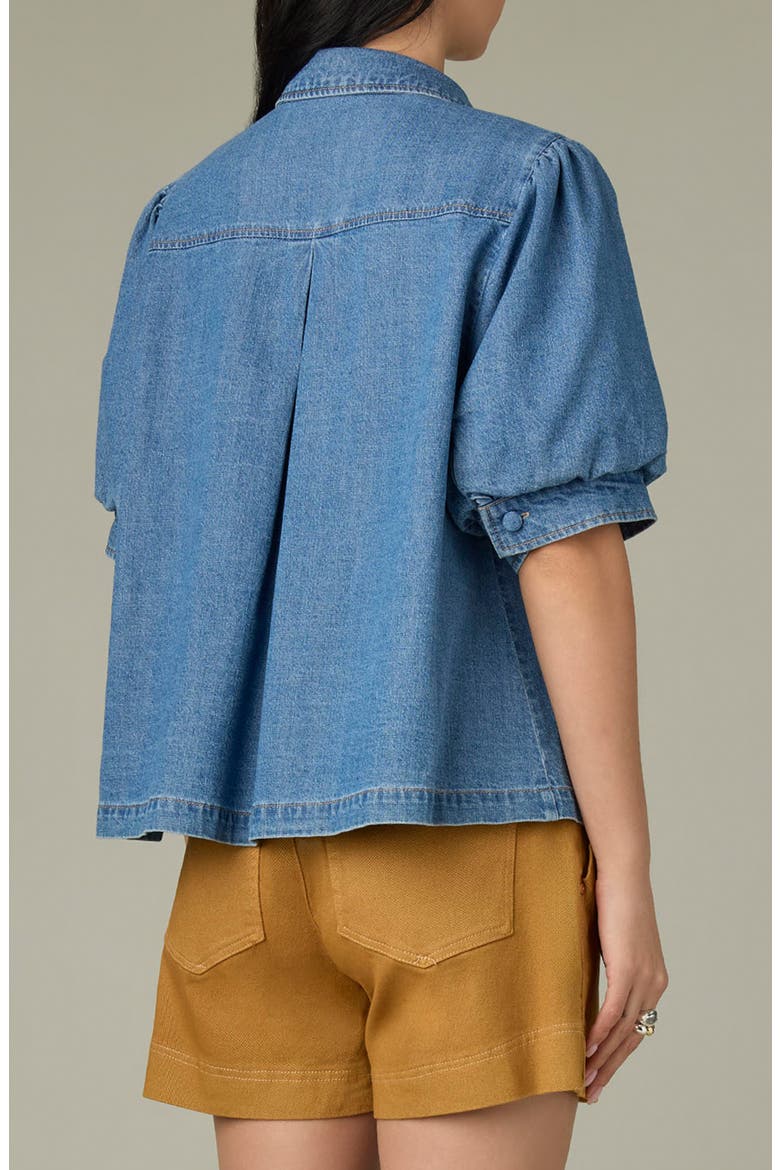 Puff Sleeve Denim Shirt, Alternate, color, MID BLUE